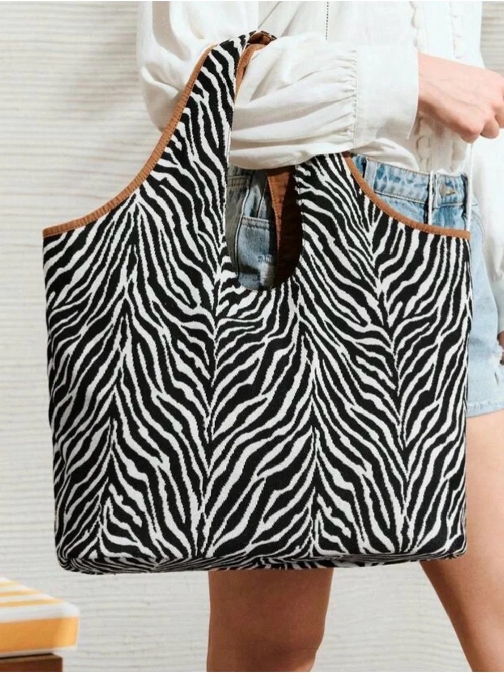 Zebra Print Tote Bag with Brown Trim - Women's Fashion Bag